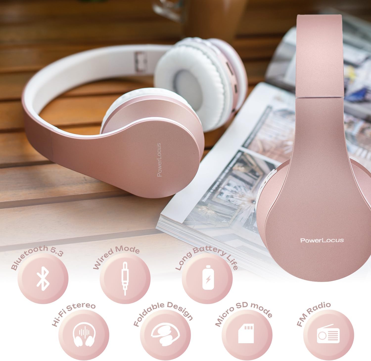 Powerlocus Cuffie Bluetooth Over-Ear, Oro Rosa - immagine 5