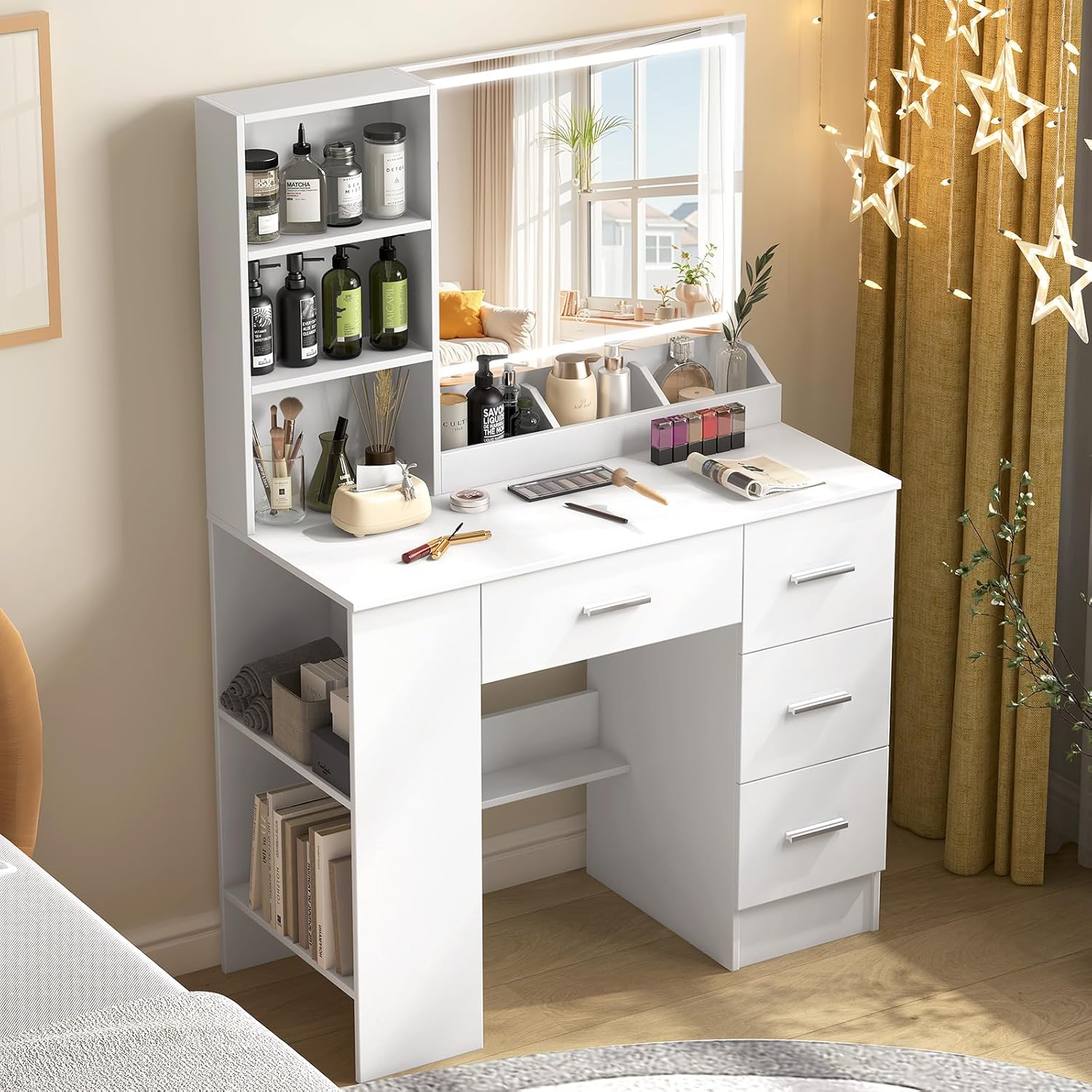 Toeletta con Luce LED, Specchio e 4 Cassetti - immagine 1