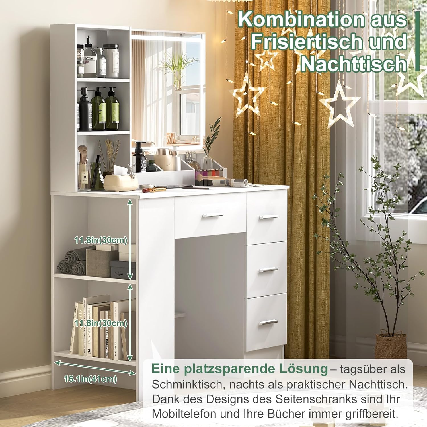 Toeletta con Luce LED, Specchio e 4 Cassetti - immagine 5