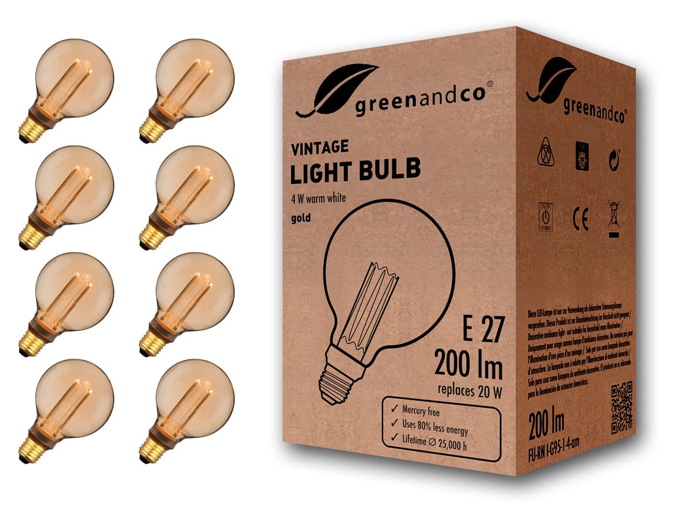 8x Greenandco Lampadina LED Vintage E27 G95 4W, Ambra