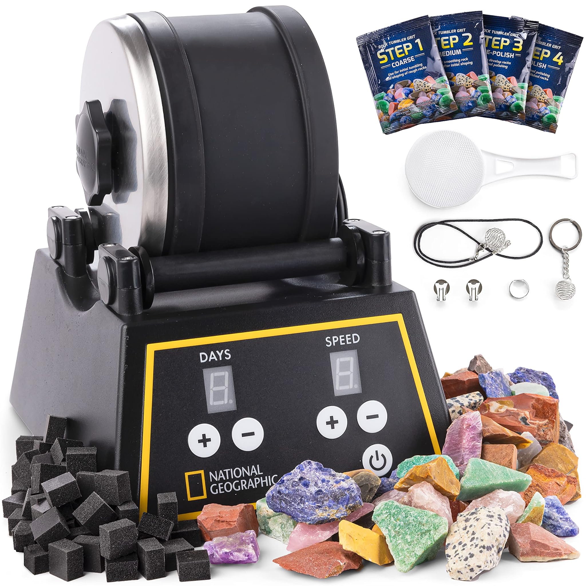 National Geographic Professional Rock Tumbler Kit- Lucidatrice per roccia per bambini e adulti, kit completo di bicchieri da roccia con bicchiere resistente, rocce, grana, lucidatrice in schiuma gemma