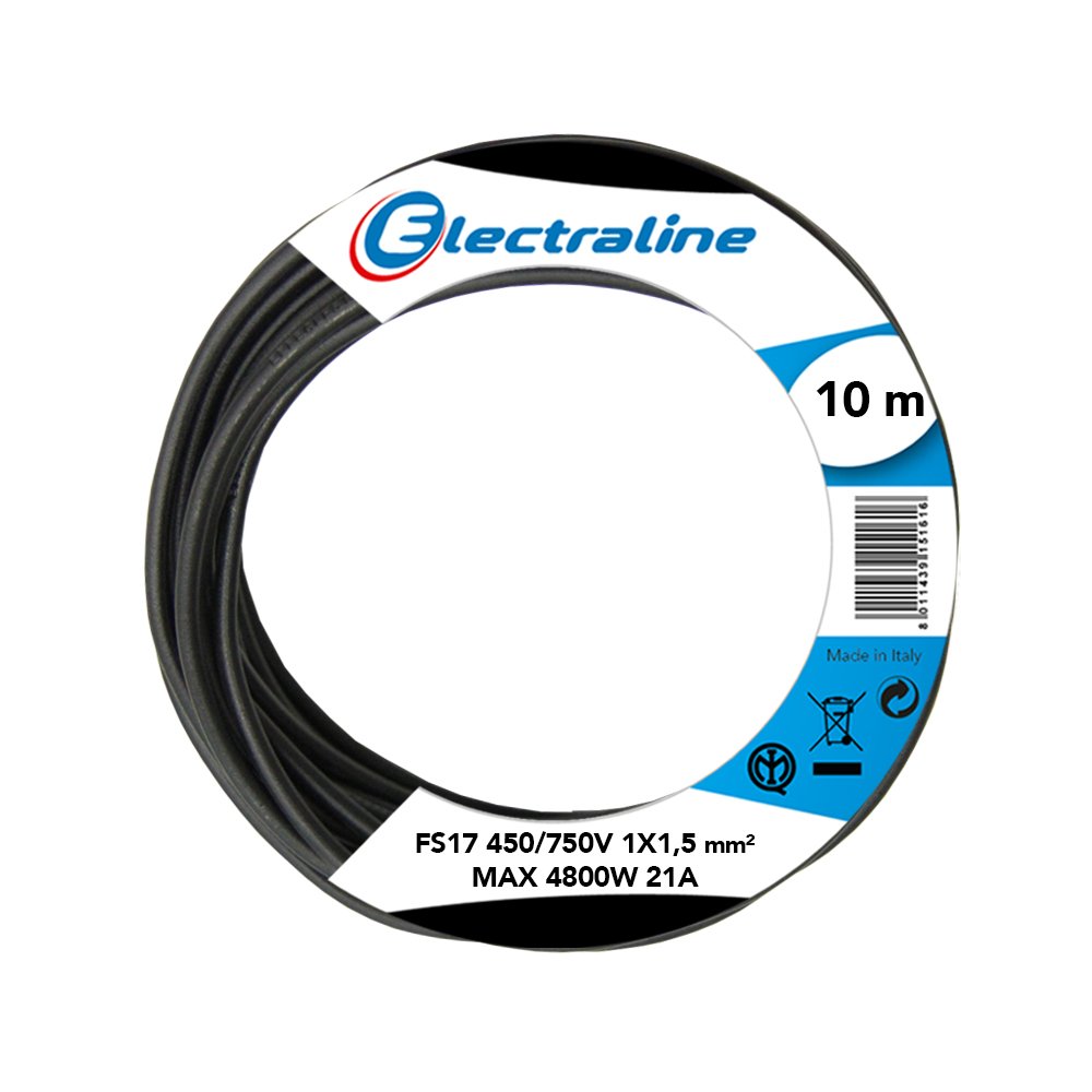 Electraline 13071 Cavo Unipolare FS17 10 mt sezione 1x1,5 mm² adatto per cablaggi di quadri elettrici, circuiti elettrici di ascensori, montacarichi
