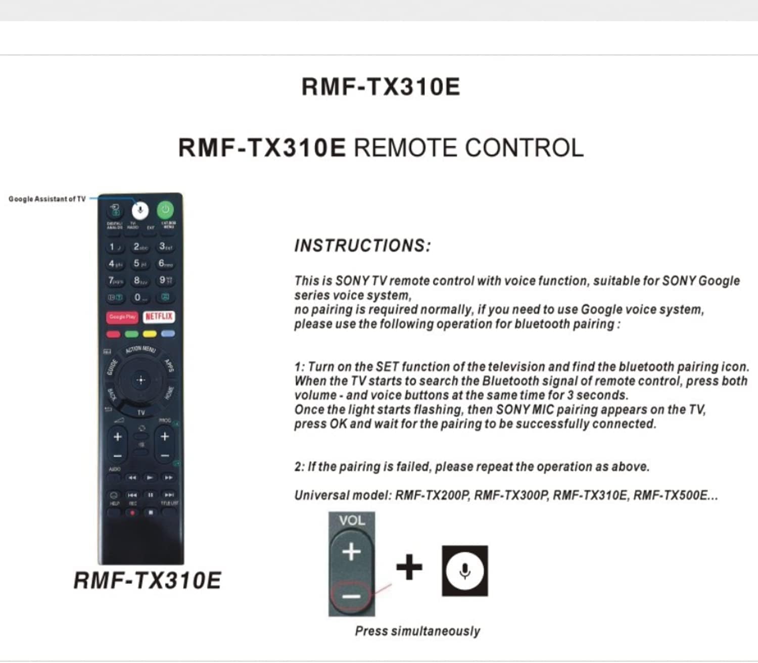Sostitutivo RMF-TX310E Telecomando per Sony Bravia TV - immagine 2