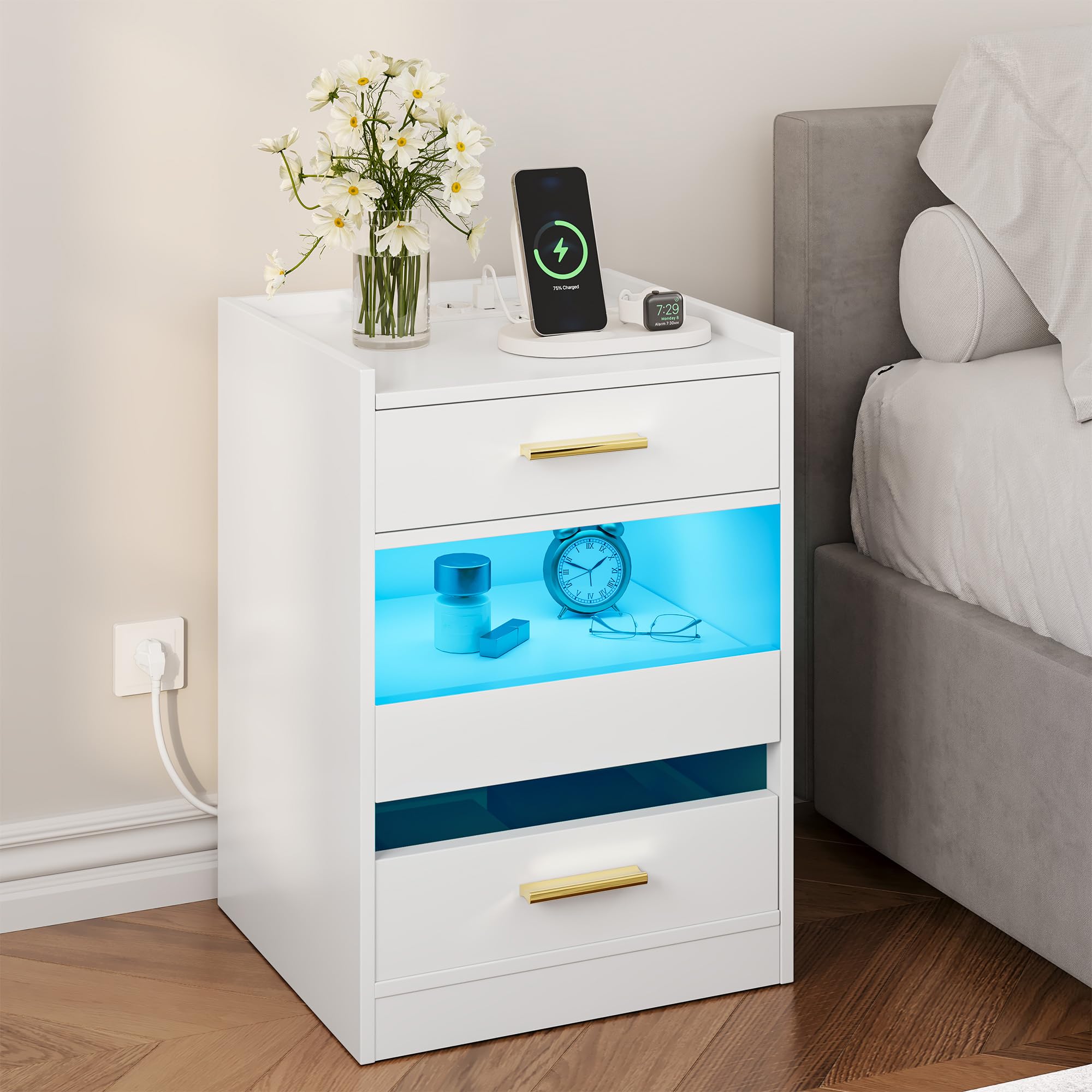 Yitahome Comodino con Luci LED e Stazione Ricarica, Bianco