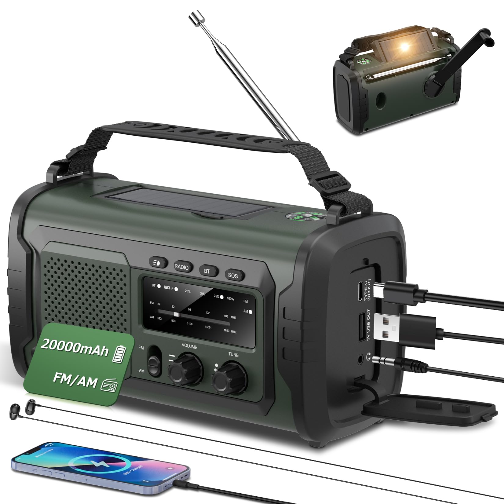 Radio di Emergenza Manovella Solare FM/AM con Bluetooth, Verde