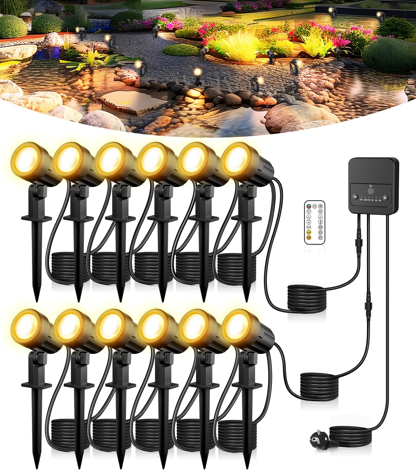 CLV Faretti da Giardino con Picchetto 12 IN 1, 35M Faretto Led da Esterno 2700K-6500K Dimmerabile Luci per Giardino con Spina europea 2400LM Lampade da Giardino Impermeabile IP66 per Cortile Albero