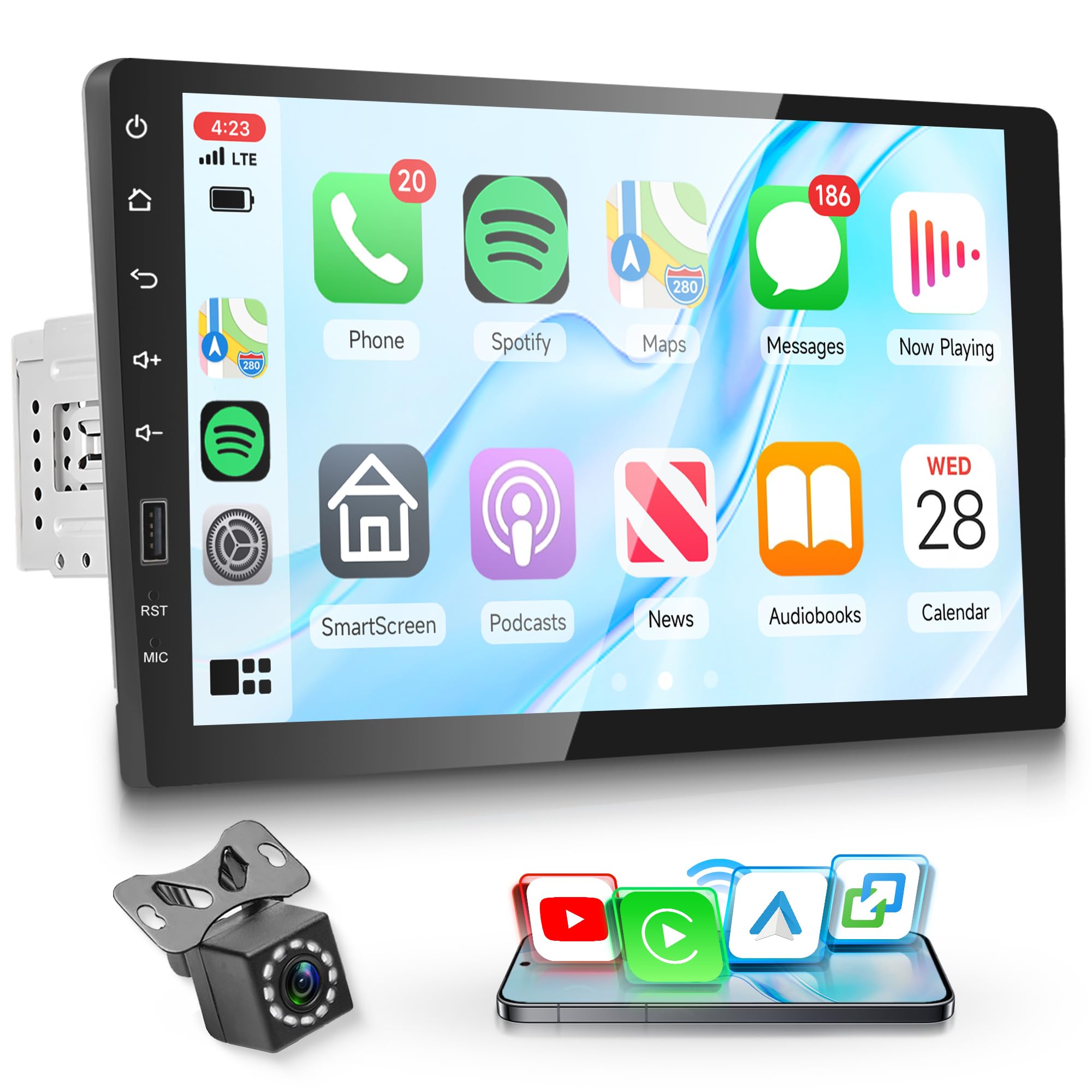 Wireless Carplay Autoradio 1 Din con You-Tube Wireless Android Auto iOS/Android Mirror Link 9 Pollici Touchscreen Autoradio Bluetooth AM/FM/RDS Radio USB/EQ Controllo del Volante Telecamera Posteriore