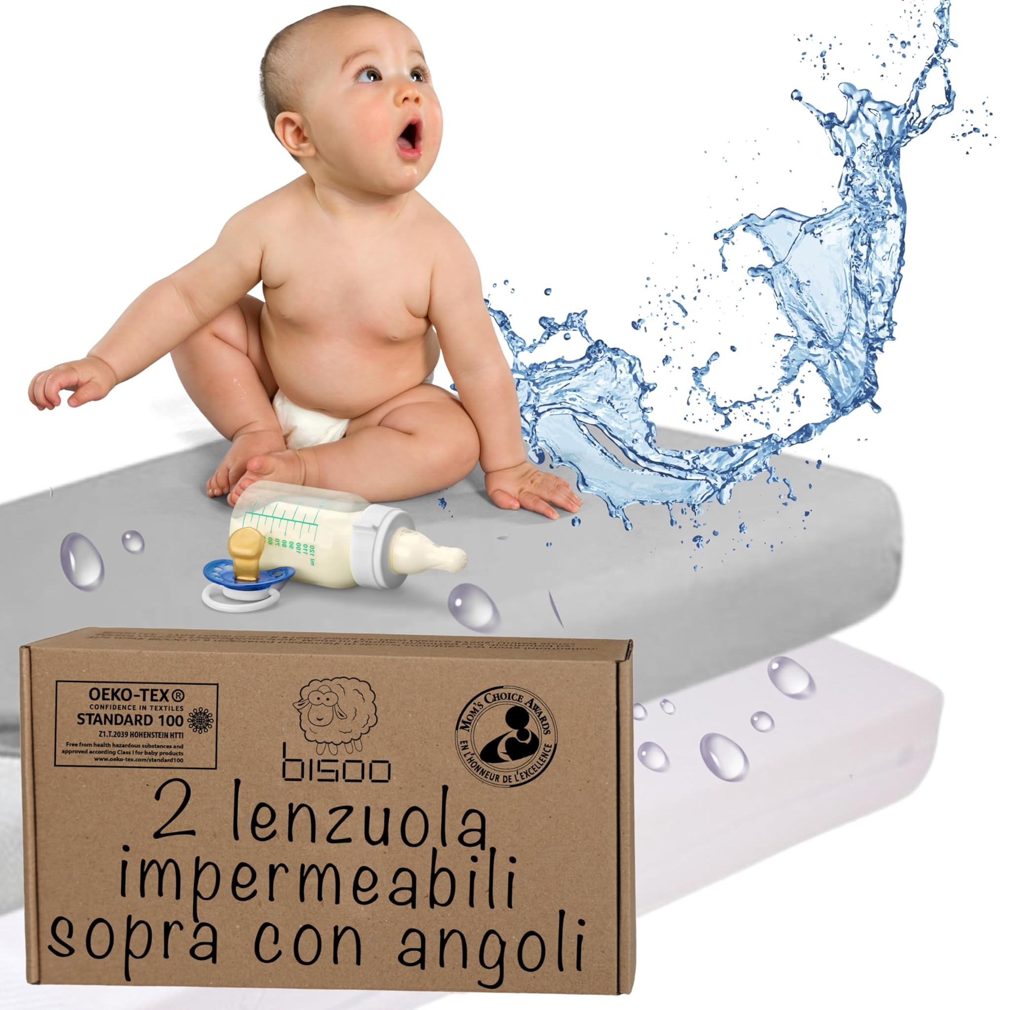 Bisoo Lenzuola Impermeabili 75x100 - Lenzuola per Culla Letino/Parco Giochi per Bambini - Lenzuolo Coprimaterasso Impermeabile Angoli 100% Jersey OEKO-TEX - Set Lenzuolino Bianco e Grigio 100x75