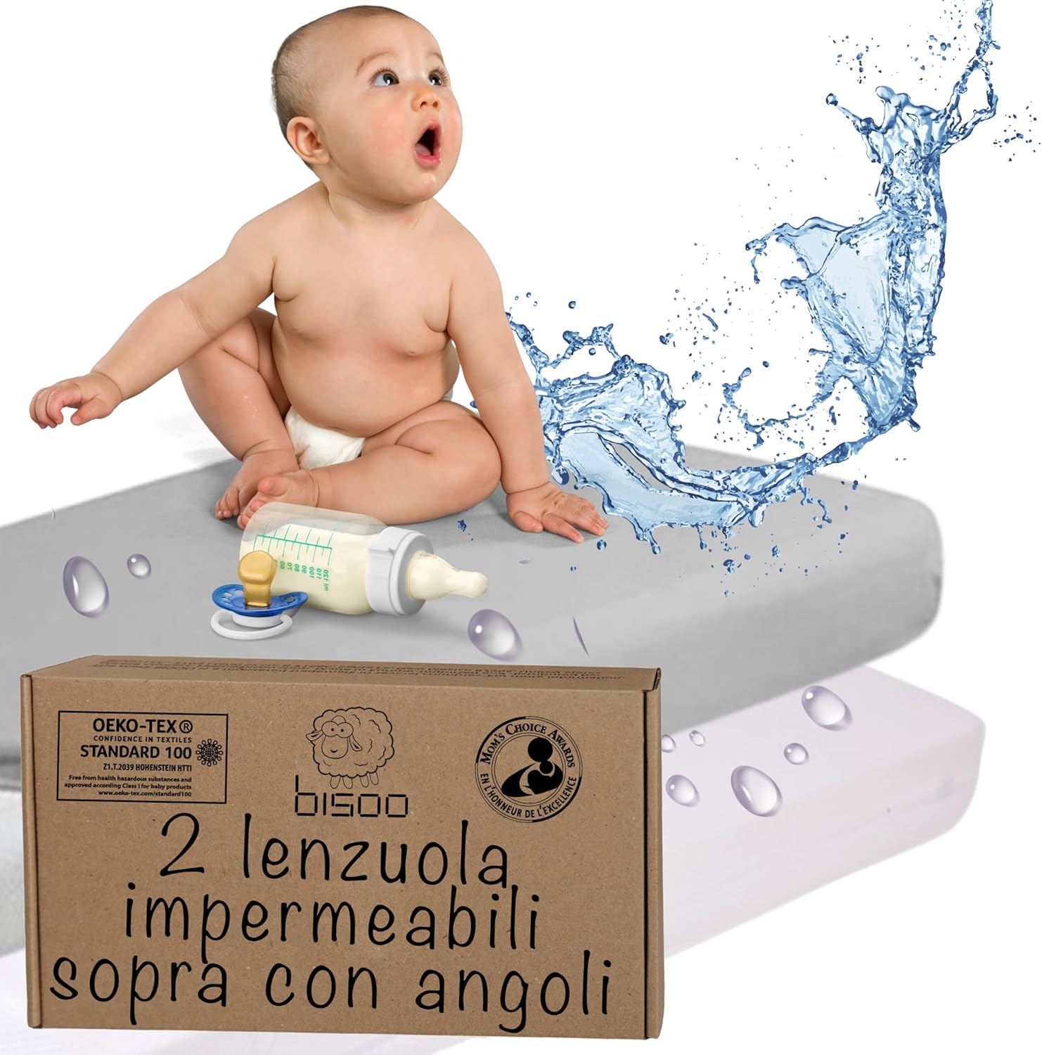 Bisoo Lenzuola Impermeabili 75x100 - Lenzuola per Culla Letino/Parco Giochi per Bambini - Lenzuolo Coprimaterasso Impermeabile Angoli 100% Jersey OEKO-TEX - Set Lenzuolino Bianco e Grigio 100x75 - immagine 1