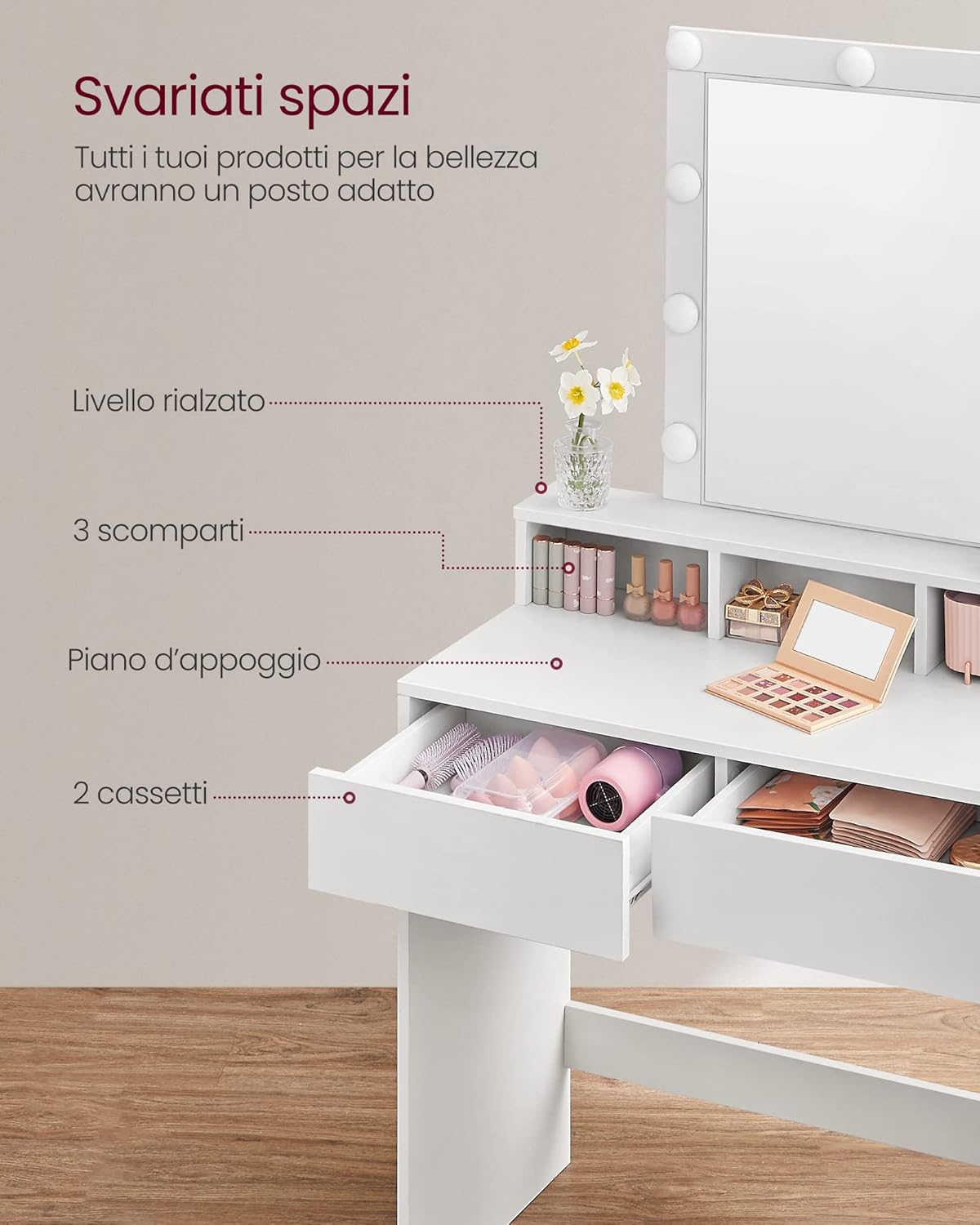 Vasagle Toeletta con Luce LED e Specchio, Bianco - immagine 4