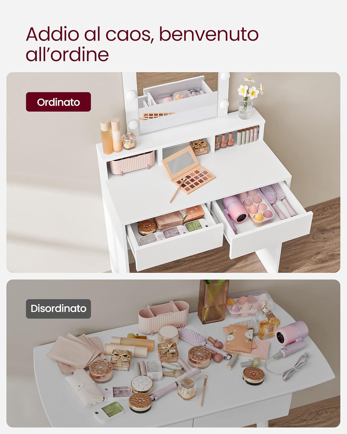 Vasagle Toeletta con Luce LED e Specchio, Bianco - immagine 5