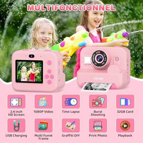 Astgmi Macchina Fotografica Bambini Istantanea 1080P, Rosa - immagine 2