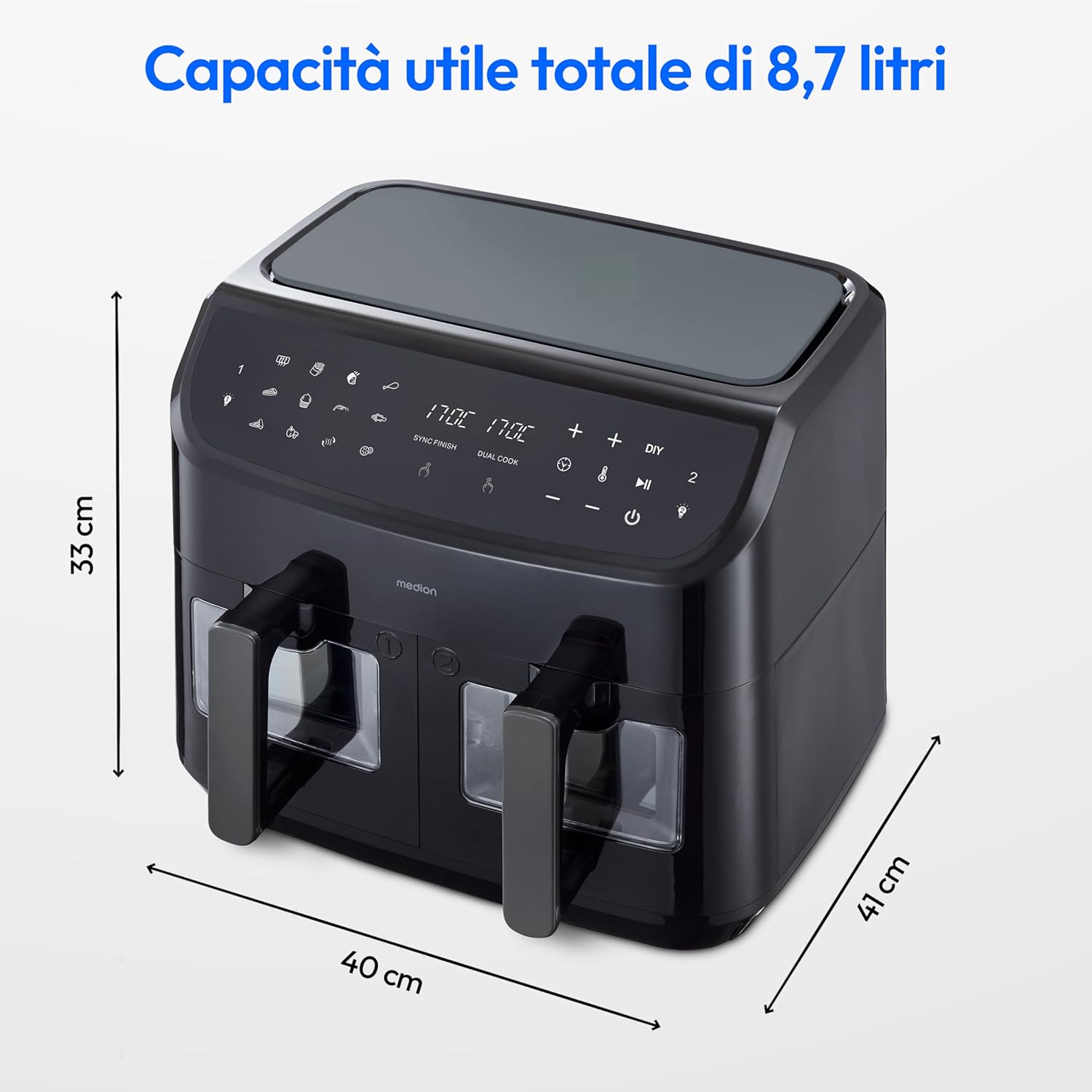 MEDION Friggitrice ad Aria Doppio Cestello P20 XXL 8,7L, Nera - immagine 9