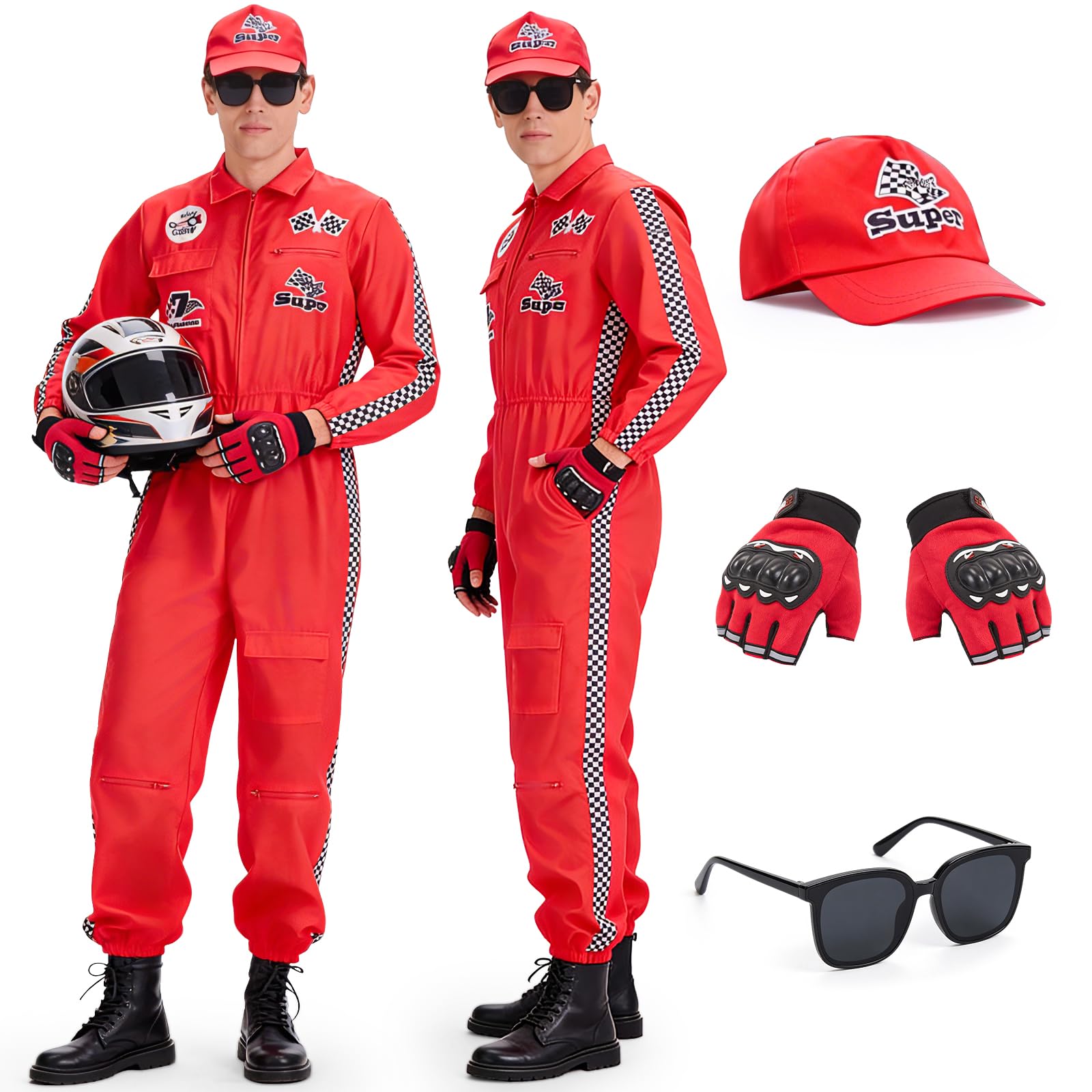 Travestimento Pilota da Corsa Uomo, Kit di Tuta Pilota da Corsa Uomo Costume Pilota di Auto da Corsa Adulti con Cappello, Muffola e Occhiali da Sole per Carnevale, Halloween