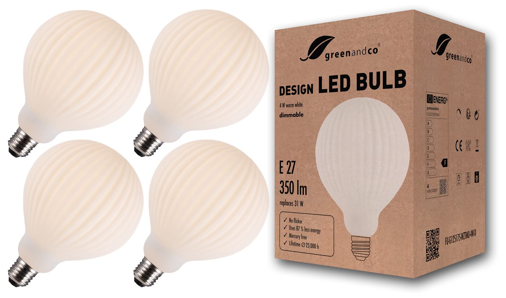 Greenandco 4x Lampadina LED Vintage E27 G125 4W