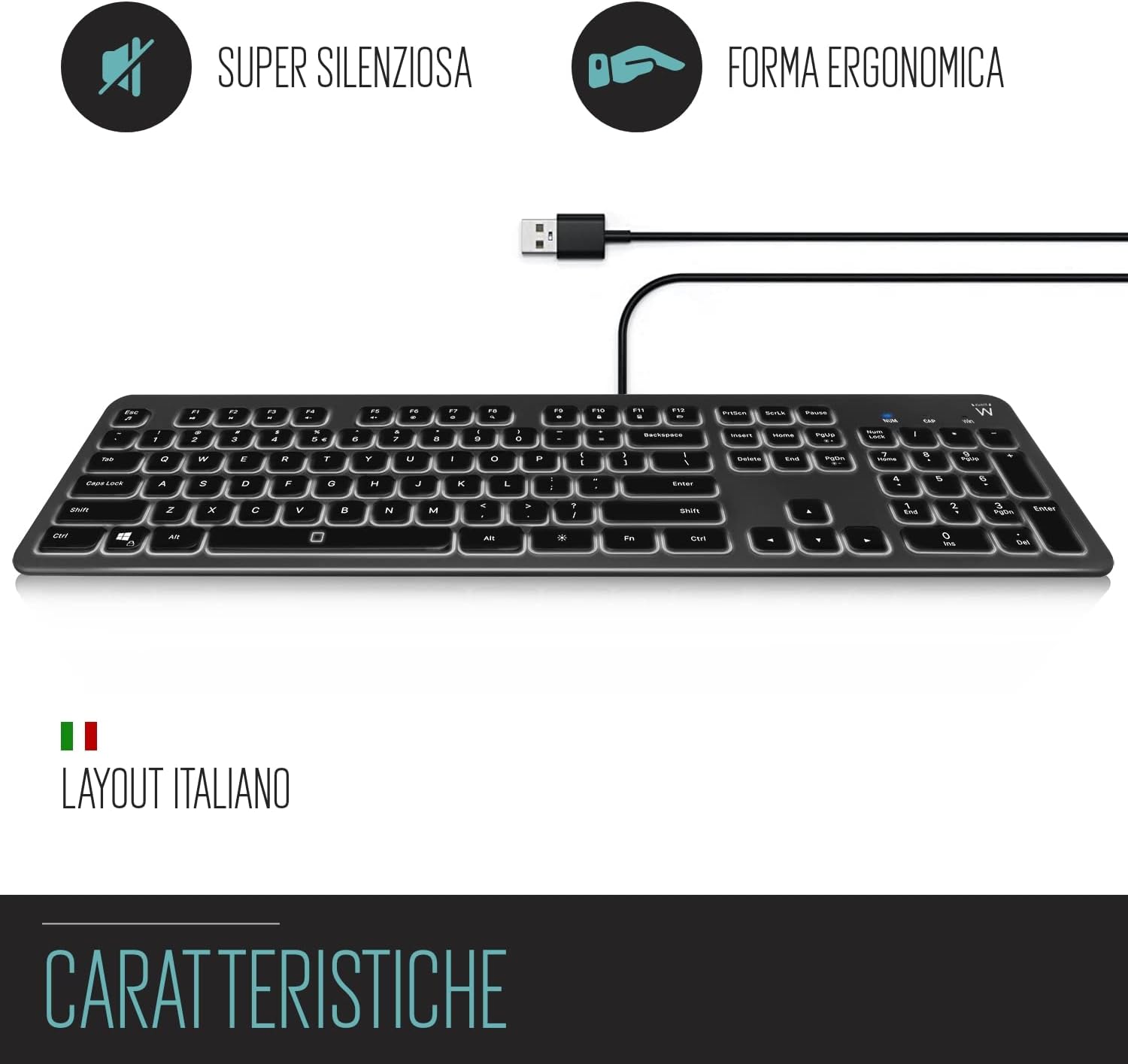 Ewent Tastiera Retroilluminata a LED USB, Nera - immagine 2