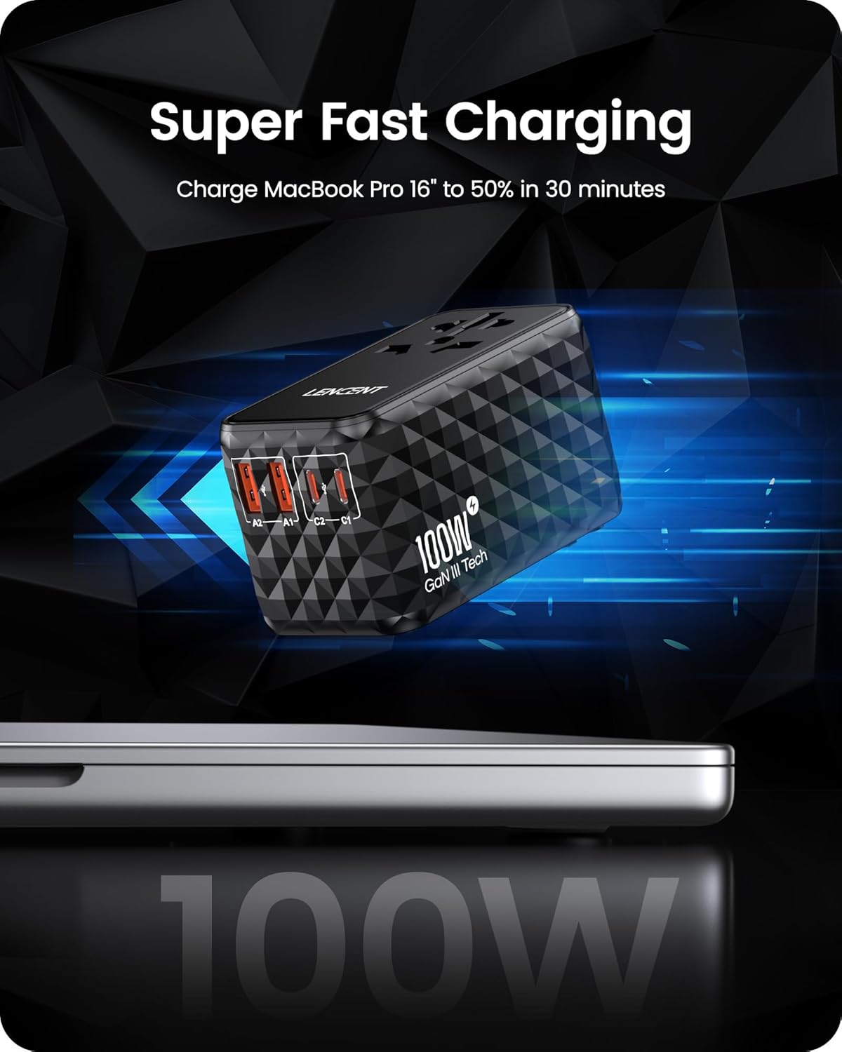 Lencent Adattatore Universale da Viaggio 100W, Nero - immagine 3