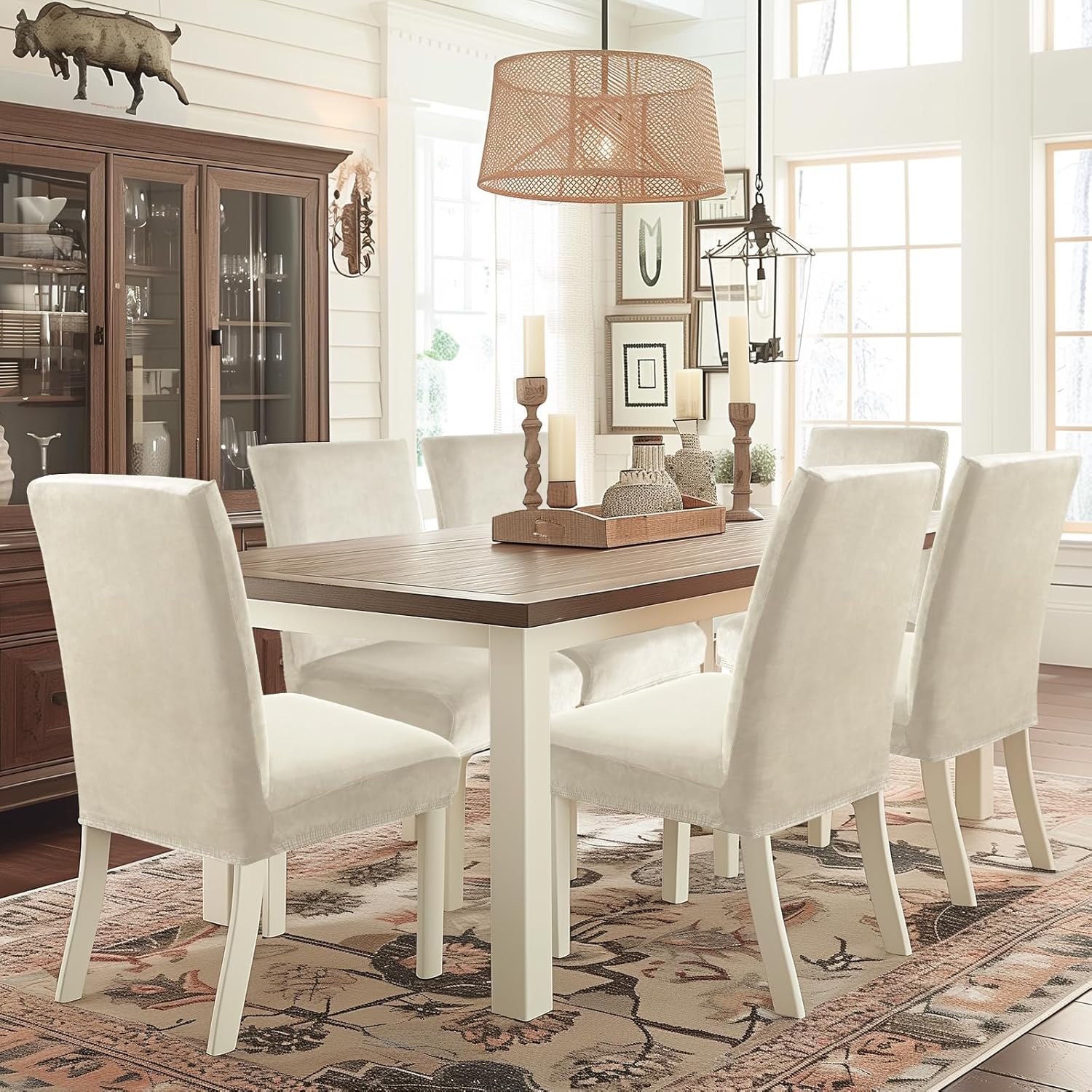 Velluto Coprisedie con Schienale 6 Pezzi, Beige - immagine 2