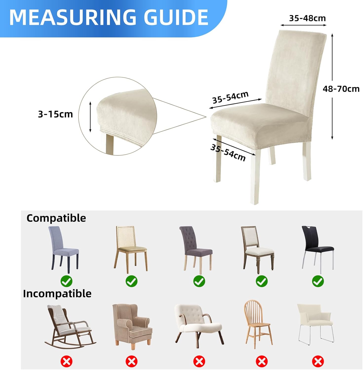 Velluto Coprisedie con Schienale 6 Pezzi, Beige - immagine 3