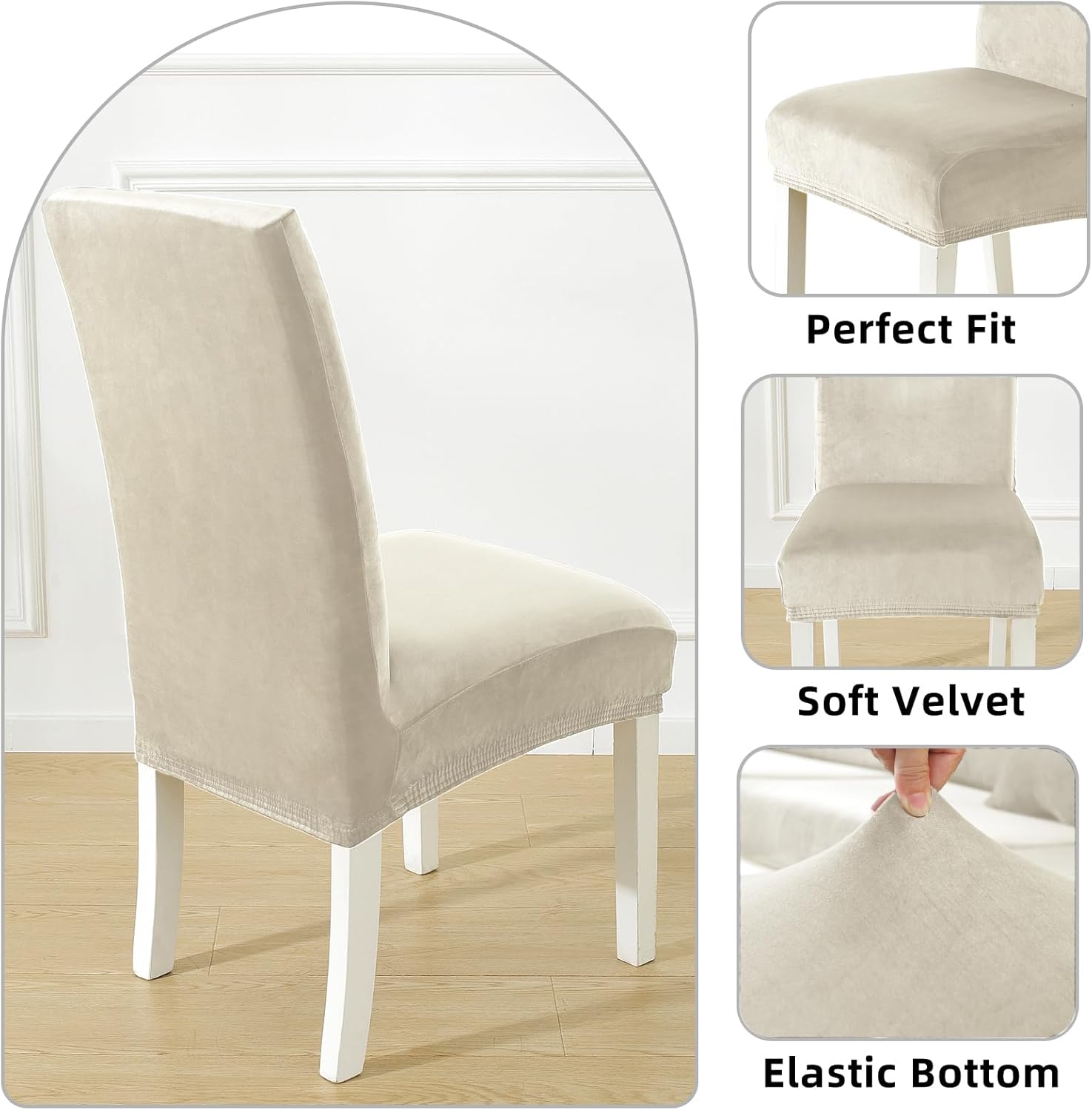 Velluto Coprisedie con Schienale 6 Pezzi, Beige - immagine 5