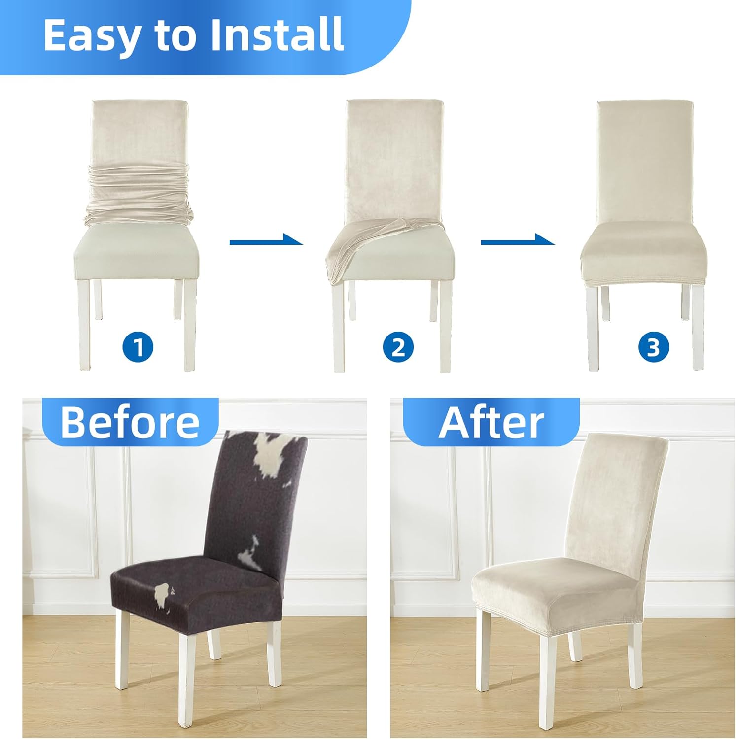 Velluto Coprisedie con Schienale 6 Pezzi, Beige - immagine 6