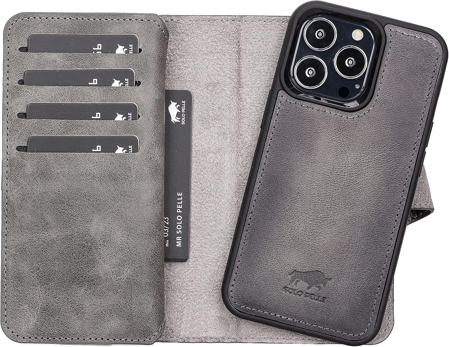 Solo Pelle Custodia iPhone 13 Pro 6.1" Harvard Double, Grigio - immagine 6