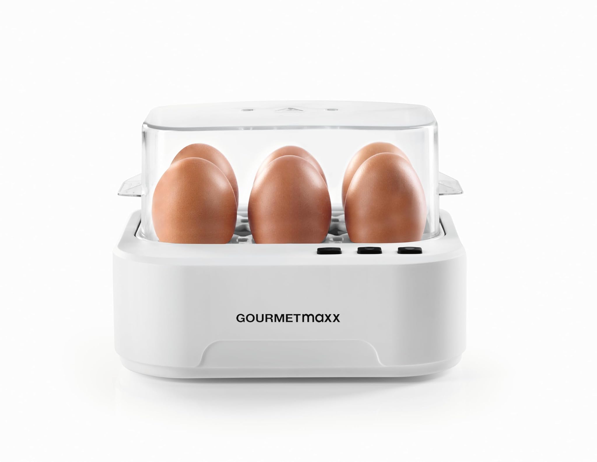 GOURMETmaxx Cuociuova parlante per 6 uova | Design Egg Cooker con tagliuova, misurino e riproduzione vocale | 3 gradi di durezza per uova perfettamente cotte | Facile da pulire e da maneggiare
