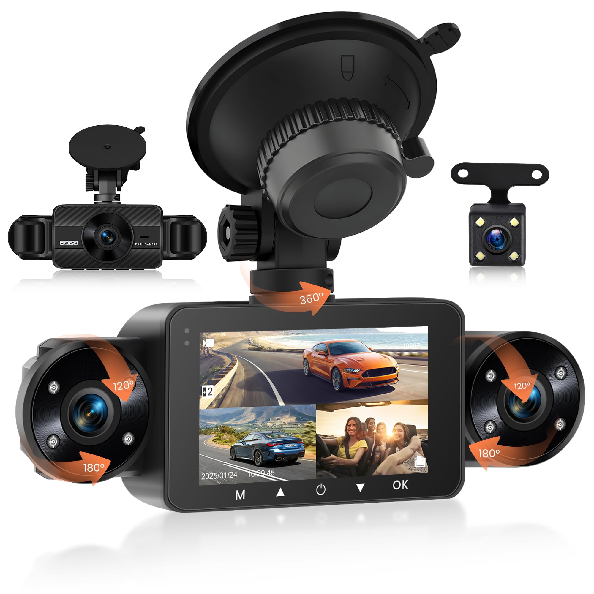Rimoody Dashcam Auto 360° 4 Canali 1080P 3 Pollici IPS