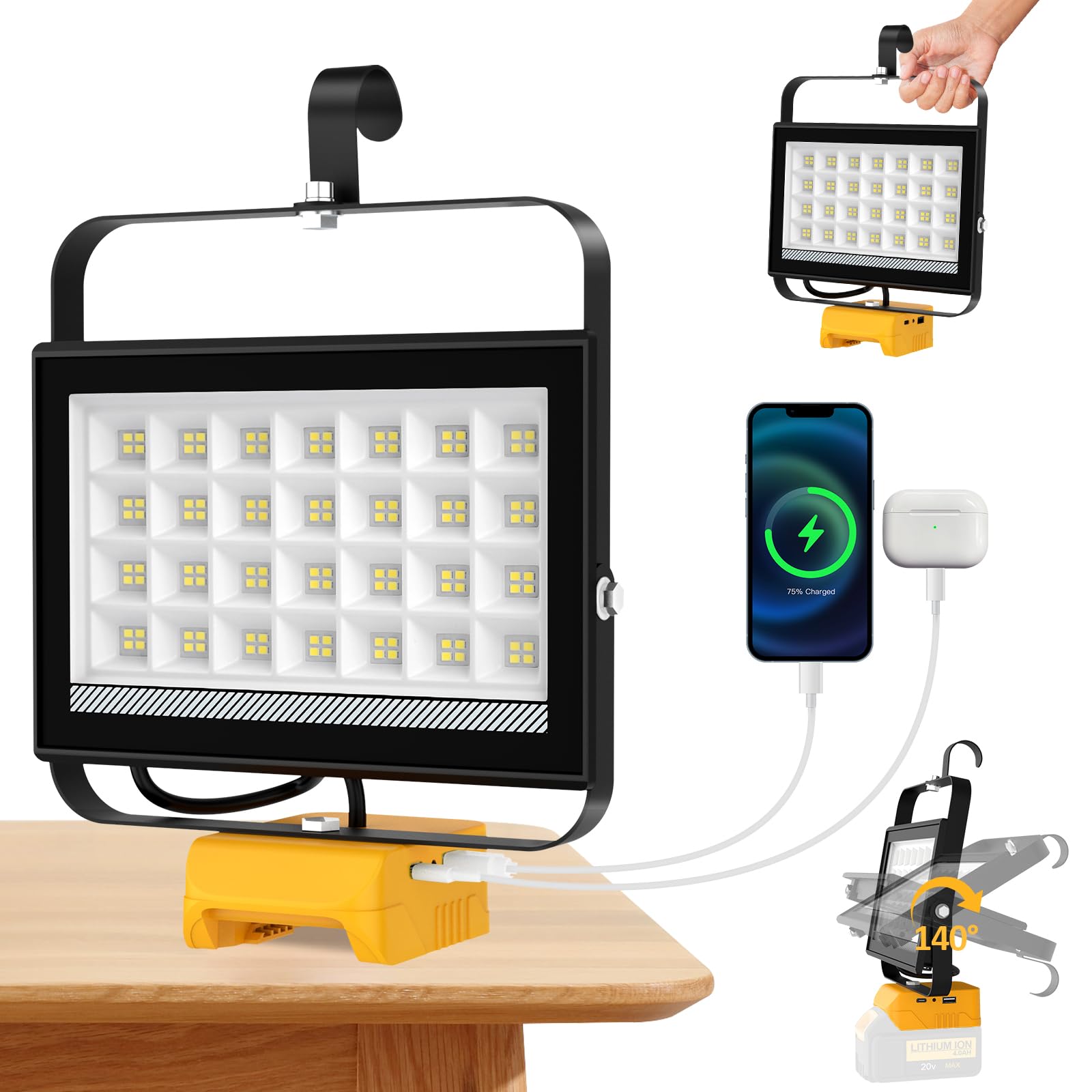 T-SUN Lampada LED Ricaricabile per Dewalt 18V 100W 6000K