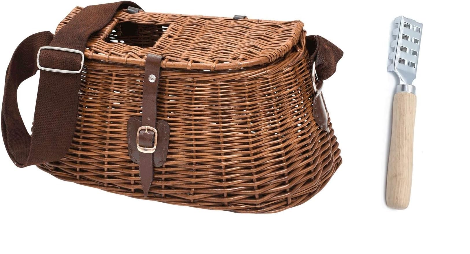 Cestino da pesca in vimini, vimini, cestino da pesca intrecciato, con cinghia, cestino per trote + scaletta per pesci