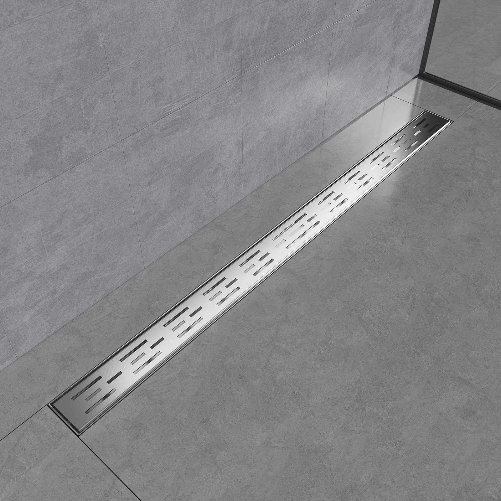 EMKE Canalina per doccia in acciaio inox, 100 cm, sifone con filtro antiodoro/filtro per capelli, scarico laterale per doccia, scarico doccia per bagno