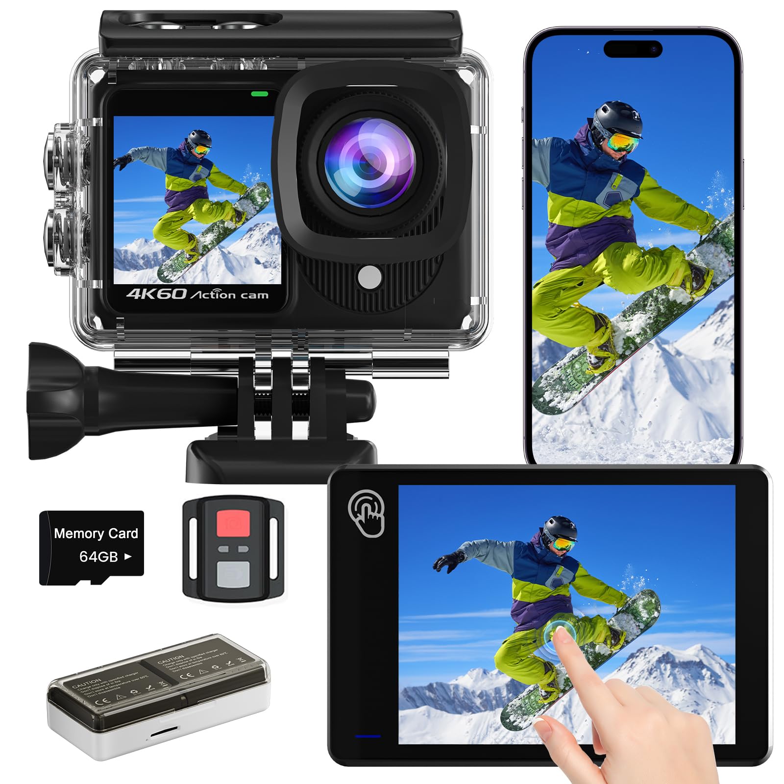Action Cam Dualscreen 4K60FPS con Scheda 64G