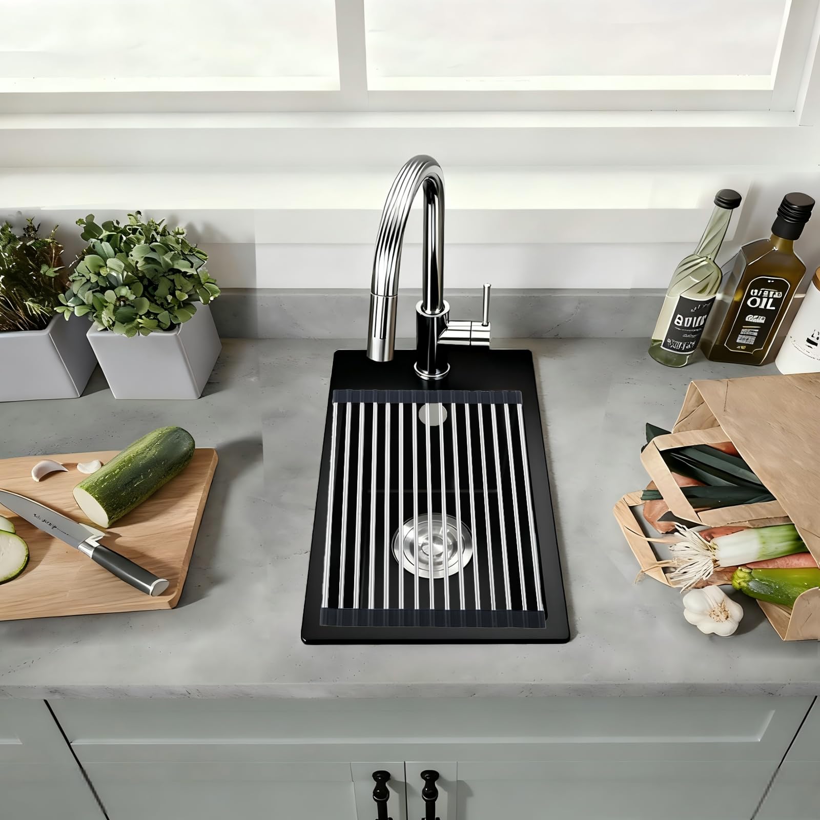 Lavello Cucina in Granito Nero 28x50cm, Vasca Singola