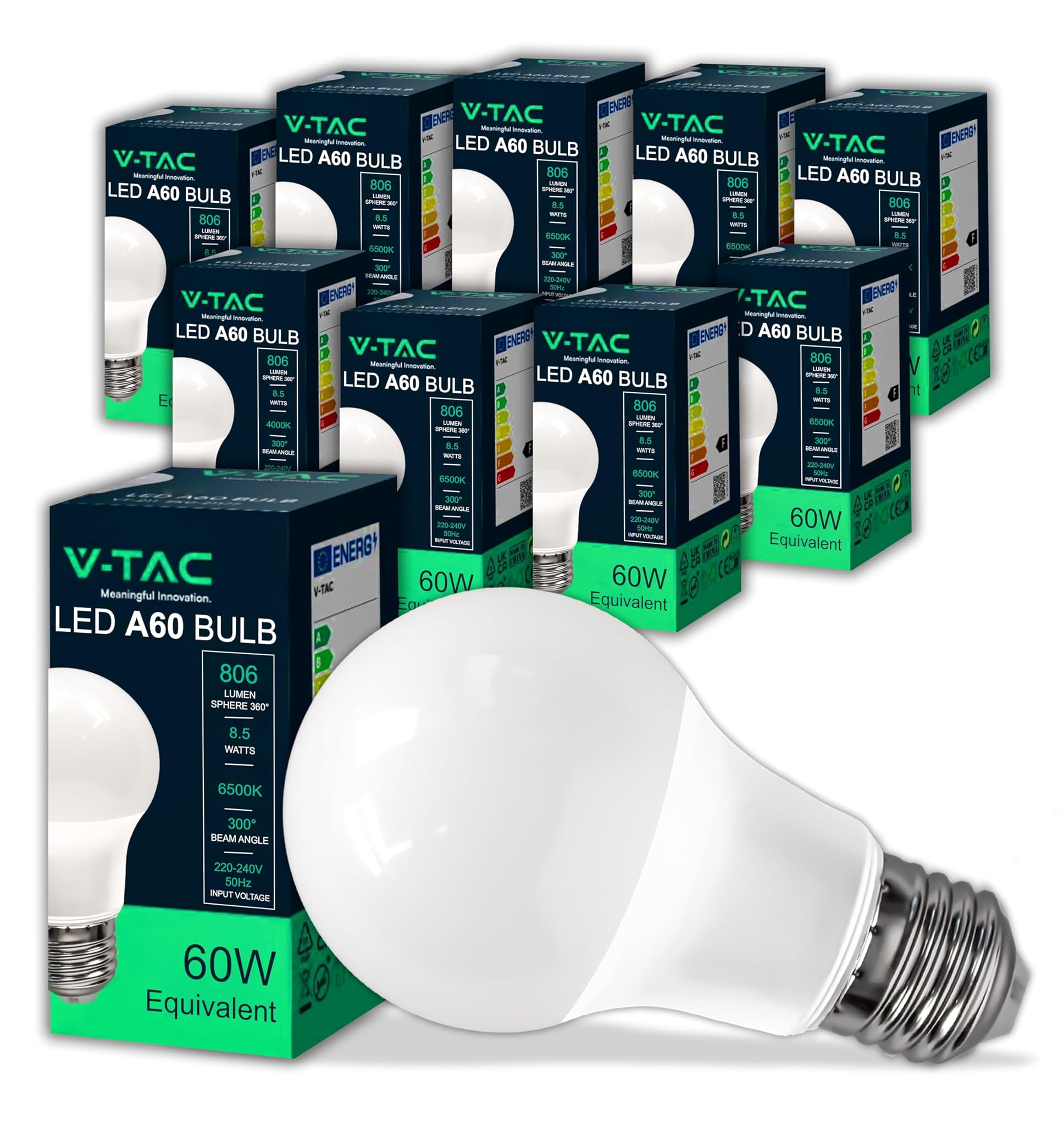 V-tac 10x Lampadine LED E27 8,5W A60, Luce Fredda