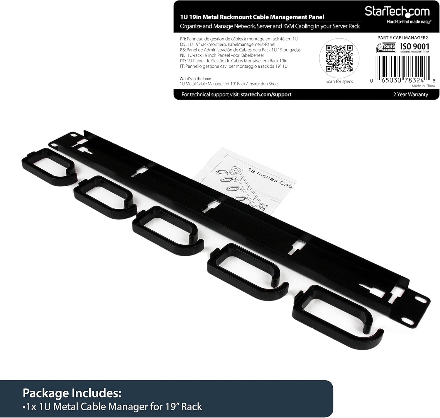 StarTech.com Pannello Gestione Cavi 1U 19" per Rack con Anelli Guida in Metallo - immagine 2