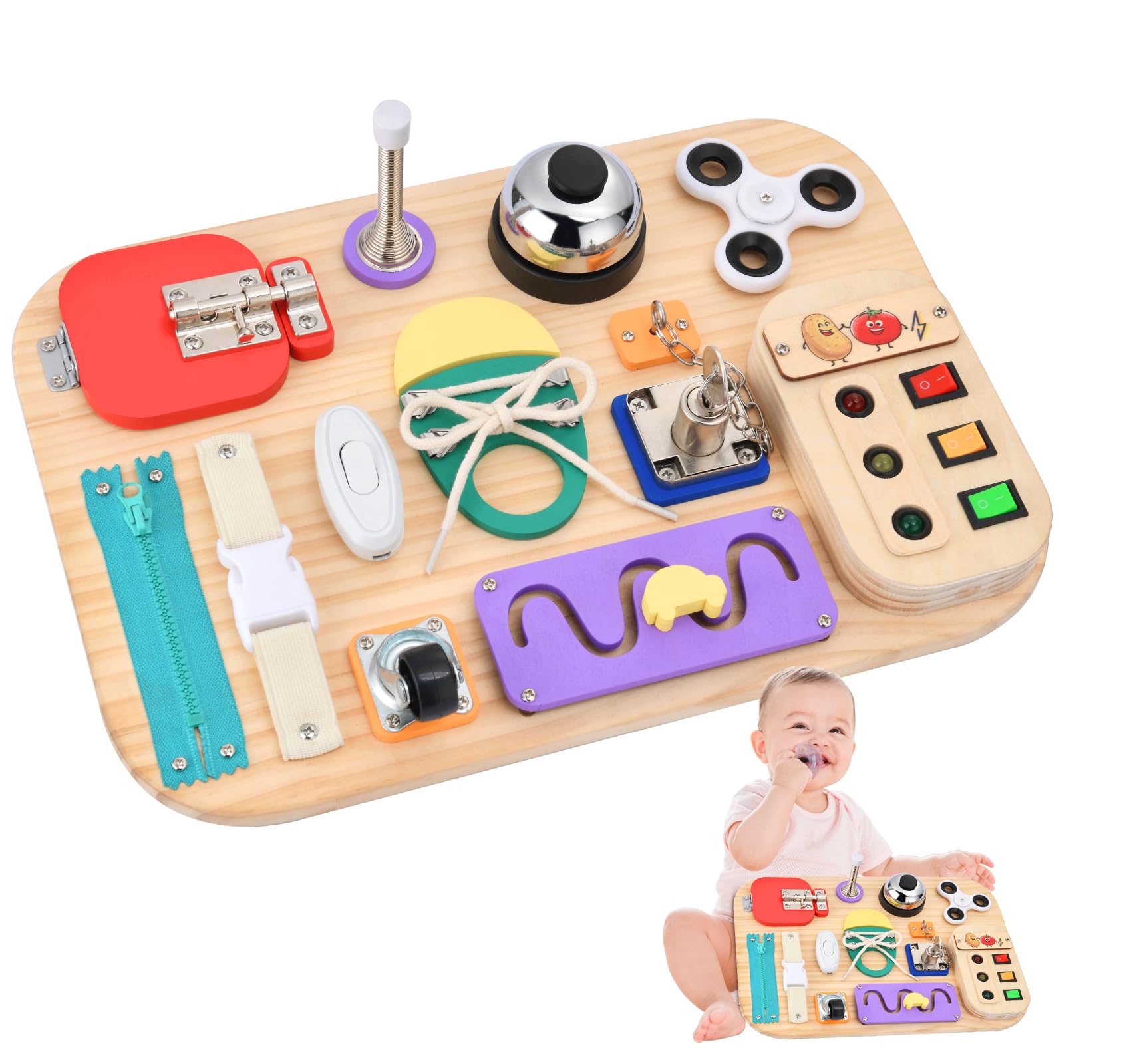 potatomato Busy Board Montessori in Legno – Giocattolo sensoriale e motorio per Bambini – Activity Board educativo per Bambini Piccoli – Fidget Toy pedagogico per Bambine e Bambini