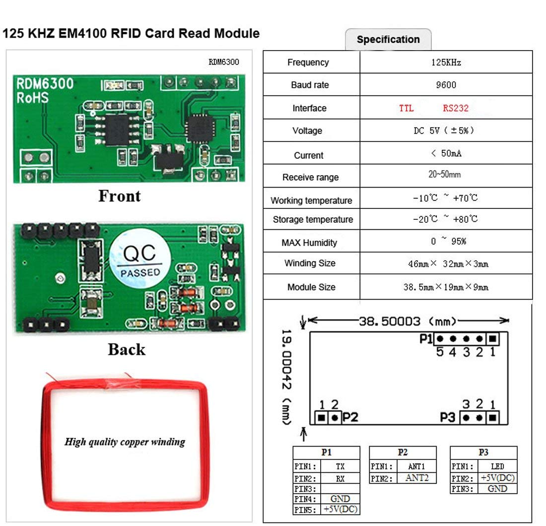 Hailege 2pcs RDM630 125 KHZ EM4100 Modulo di lettura della scheda RFID ...