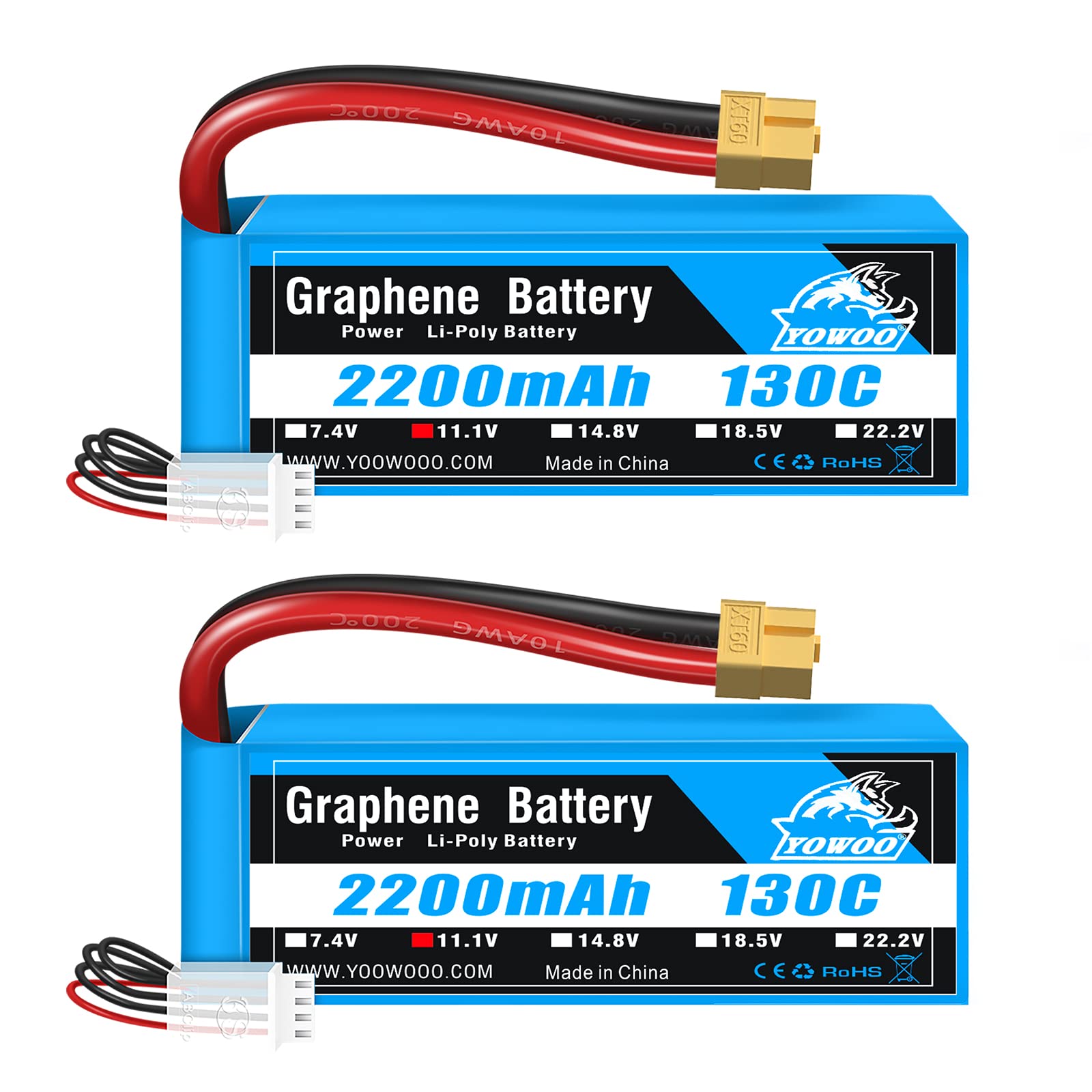 Yowoo 3S LiPo Batteria 2200mAh 11,1V 130C XT60 (2pz)