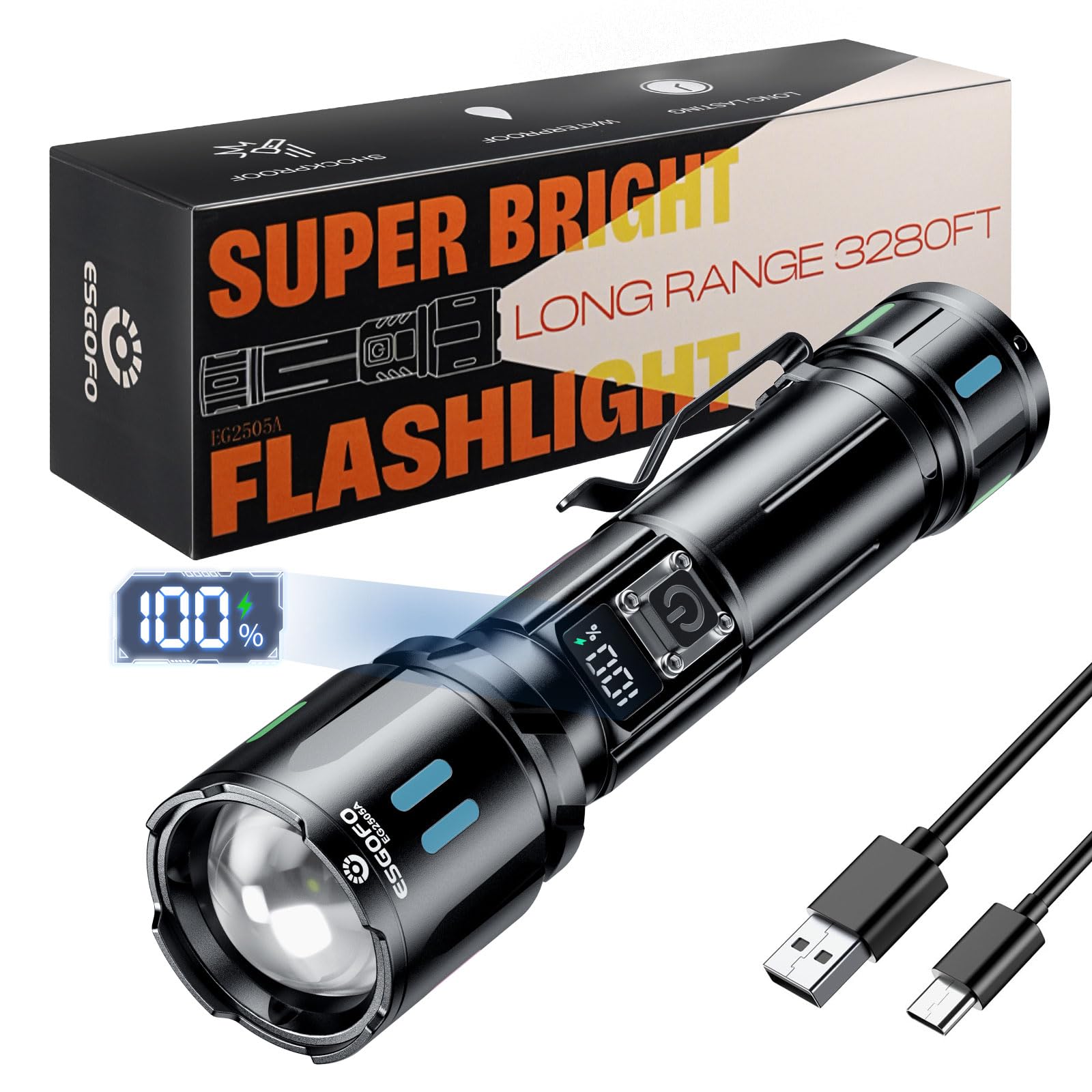 ESGOFO Torcia LED Potente 1000000 Lumens USB-C