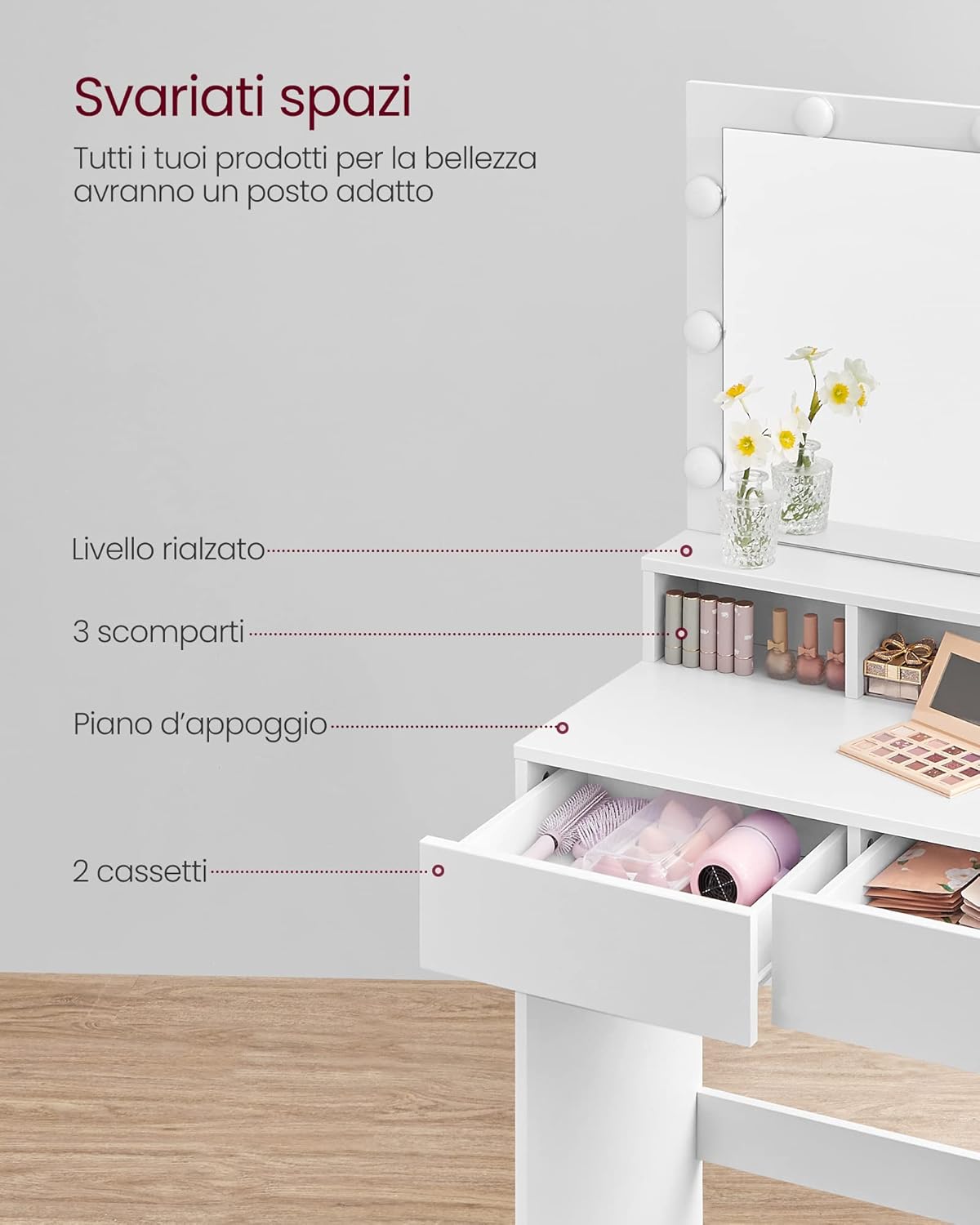 Vasagle Tavolo Toeletta con Specchio e Luce LED - immagine 4