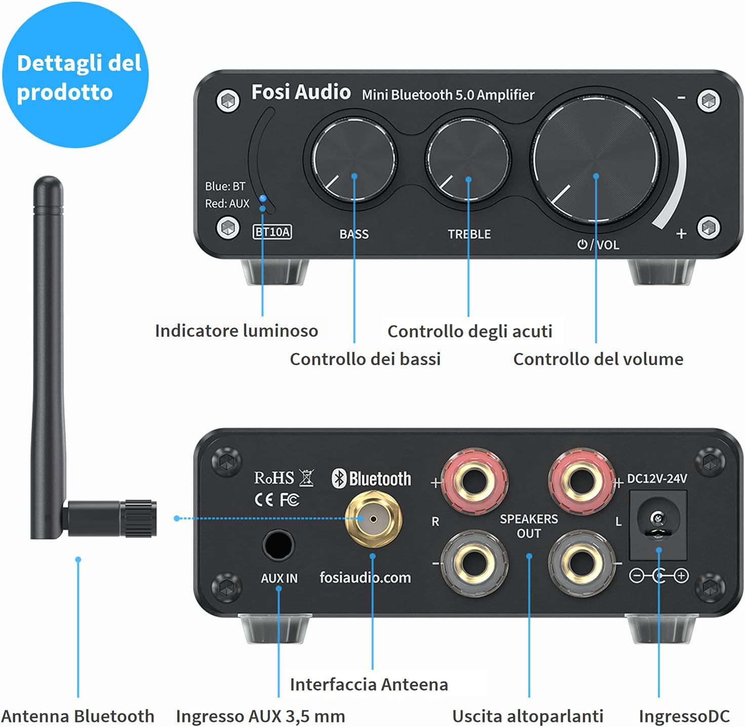 Fosi Audio BT10A Amplificatore Bluetooth 5.0 HiFi 50Wx2 - immagine 2