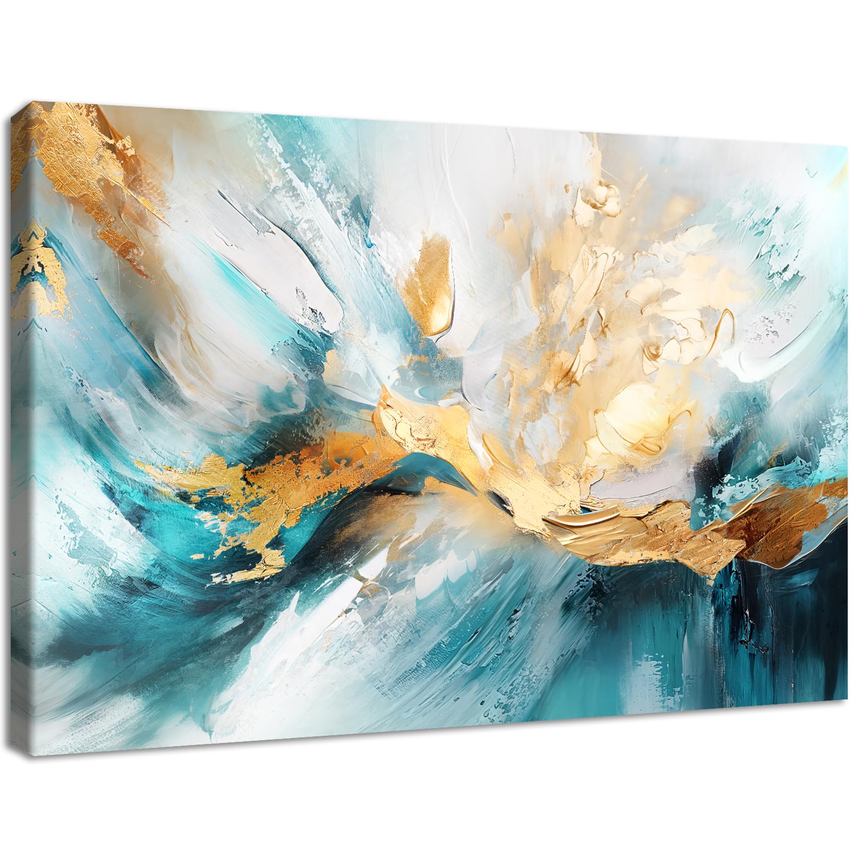 Abstracto Blanco Verde Oro - Stampa su Tela con Cornice