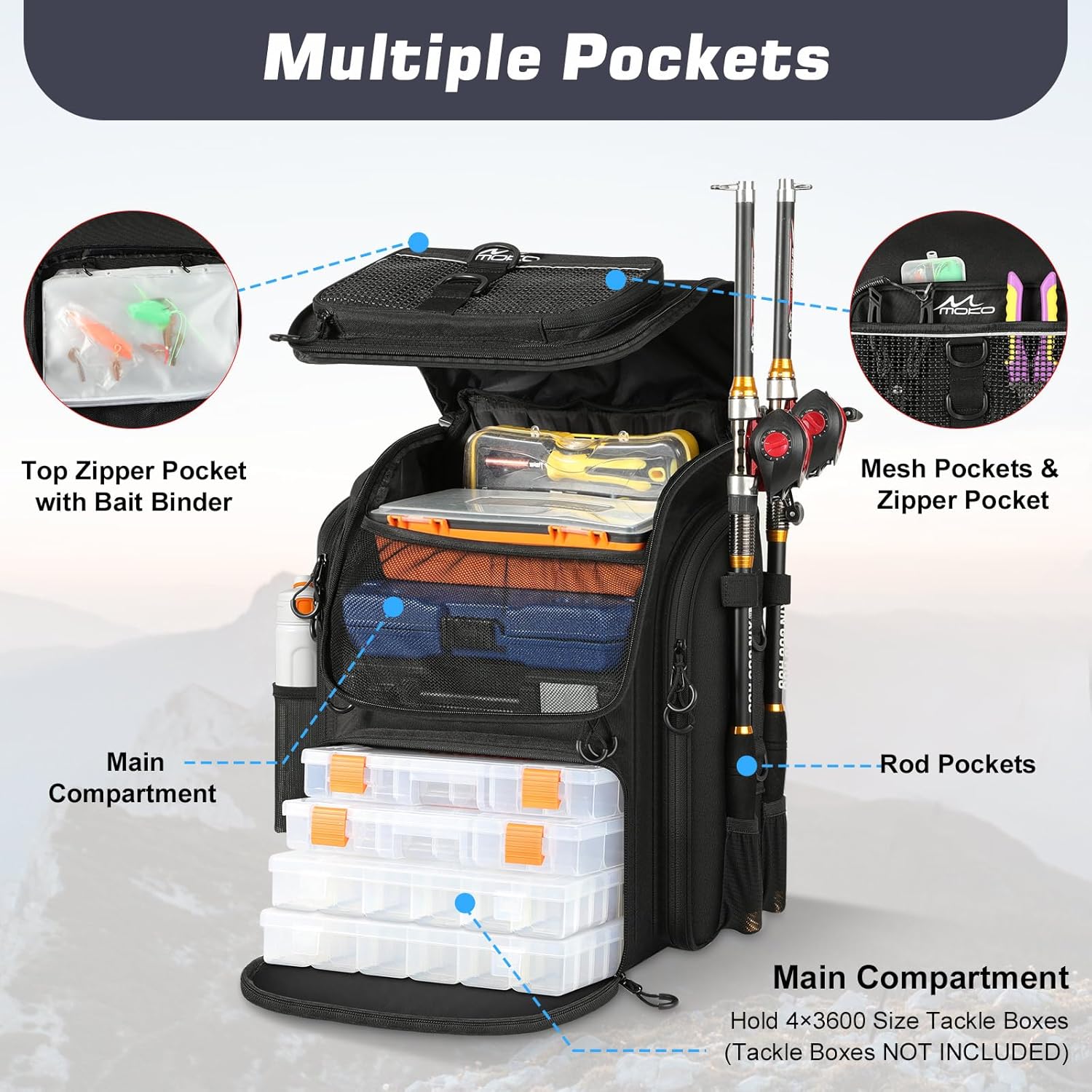 MoKo Zaino da Pesca Grande 40L, Nero - immagine 3