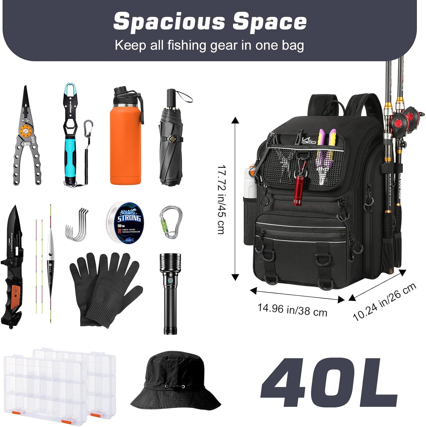 MoKo Zaino da Pesca Grande 40L, Nero - immagine 6