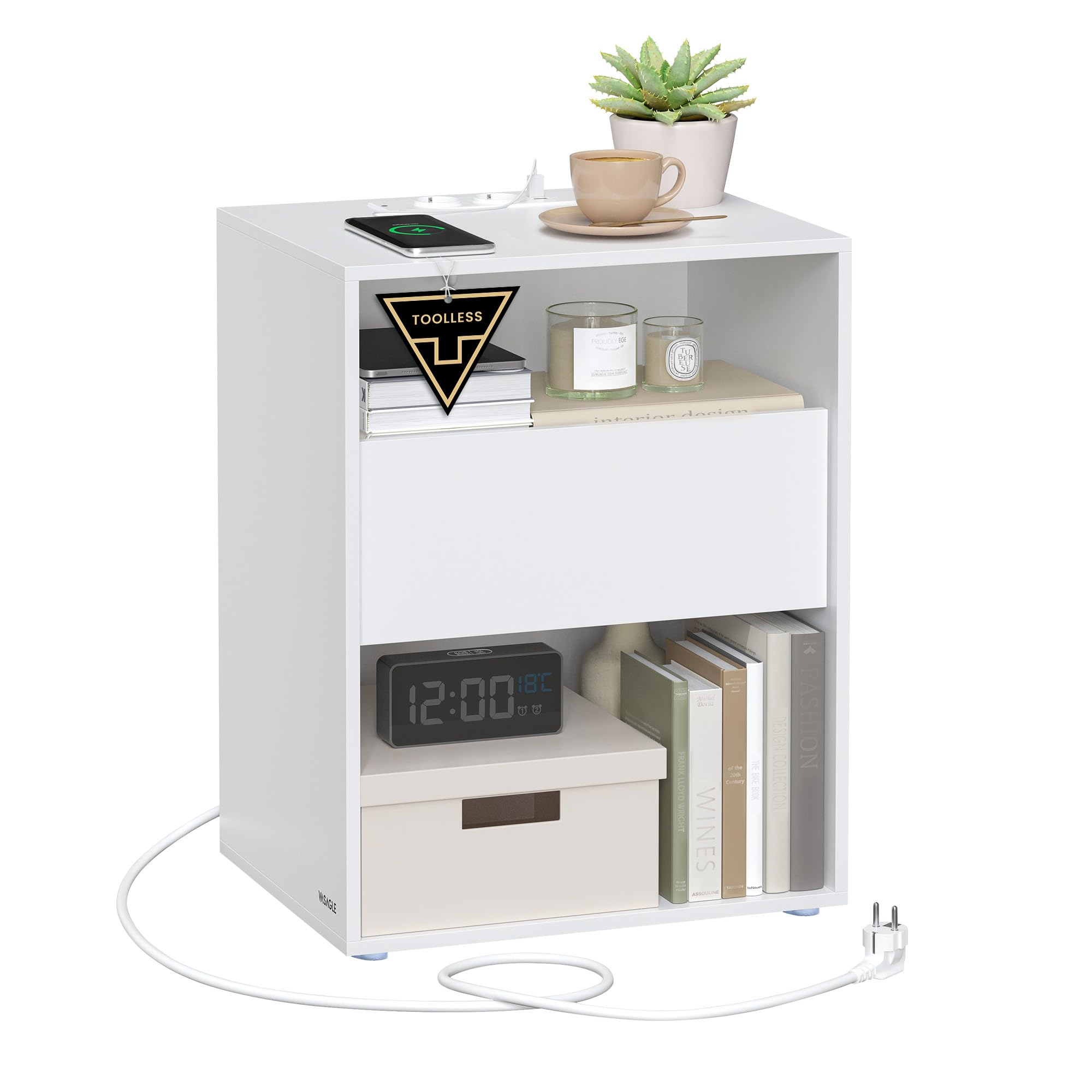 Vasagle Comodino con Stazione di Ricarica - Montaggio Rapido