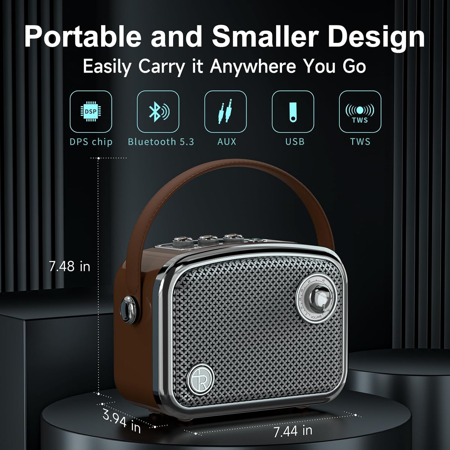 Altoparlante Bluetooth Portatile Stile Vintage, Marrone - immagine 3