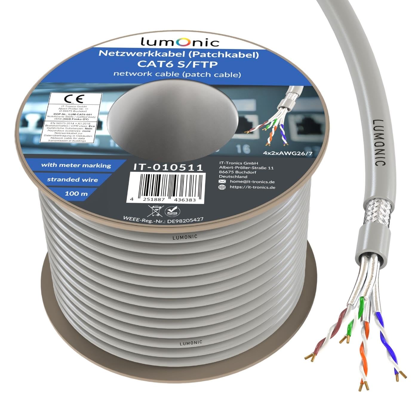Lumonic LAN Cavo di rete 100m | LAN Cavo CAT6 S/FTP | Cavo Patch Flessibile 4x 2x AWG26/7 (incagliato) | 250MHz 10 Gbit/s Ethernet