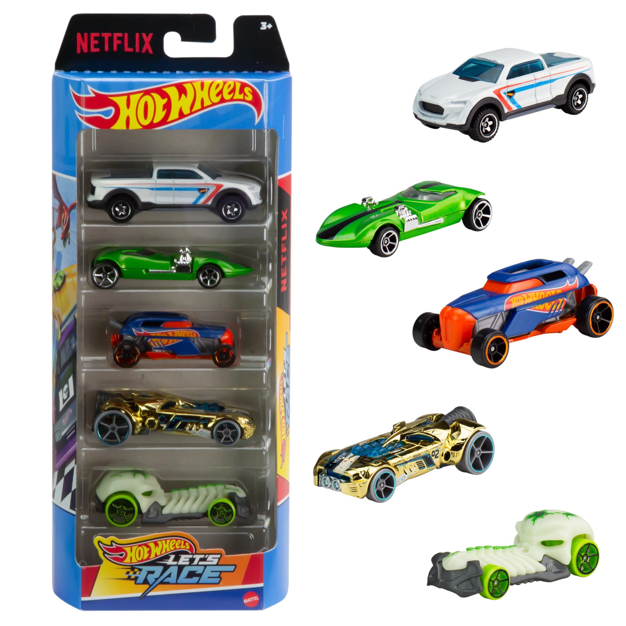 Hot Wheels - Set da 5 veicoli, confezione di macchinine die-cast in scala 1:64 ispirate alla serie Netflix Hot Wheels "Let's Race!", giocattolo per bambini, 3+ anni, HXM17