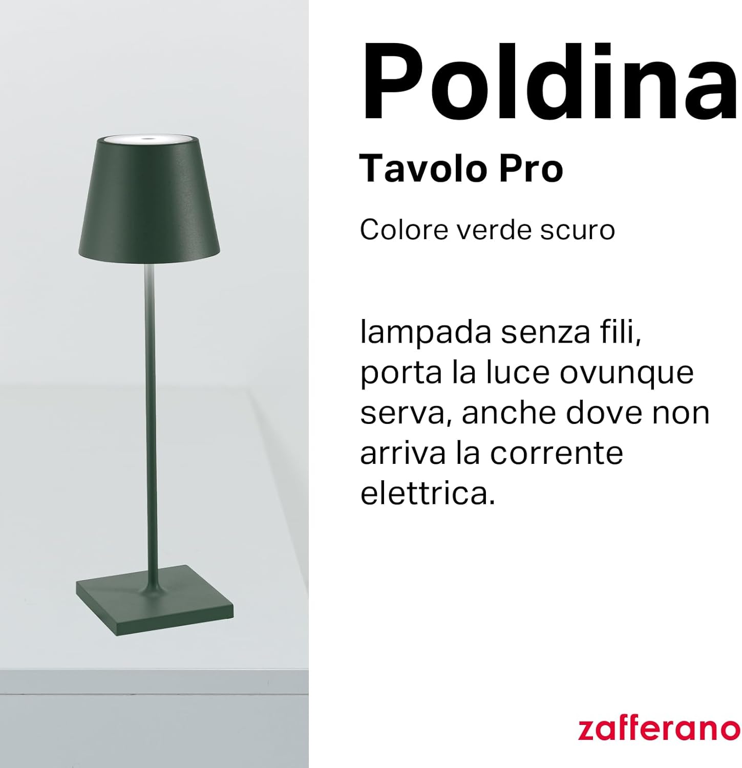 Zafferano Poldina Pro - Lampada da Tavolo Ricaricabile, Verde - immagine 2