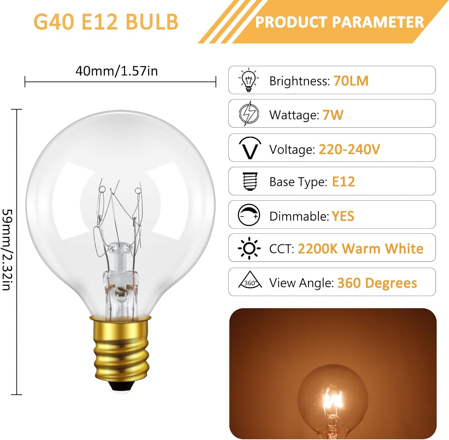 Lampadina di Ricambio E12 G40 7W Bianco Caldo, 25 Pezzi - immagine 2